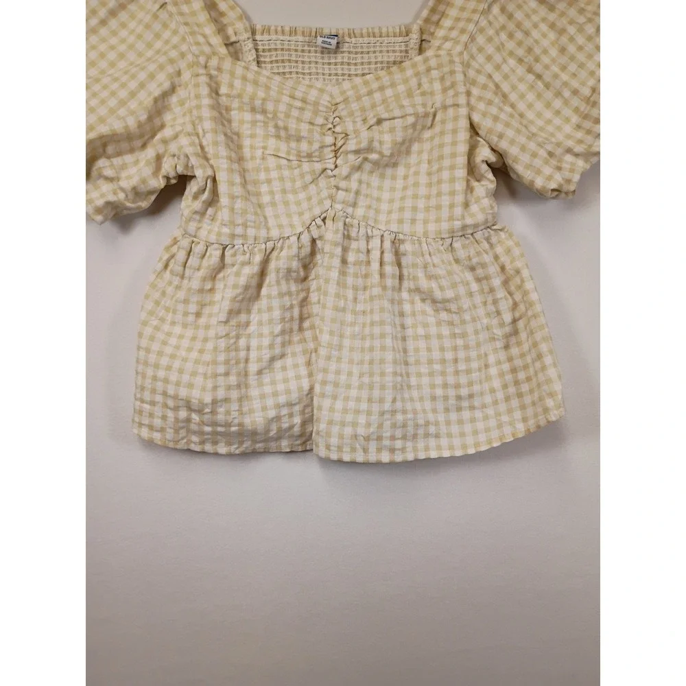 Cottagecore Old Navy Women Medium Beige Gingham Puff Sleeve Smocked Peplum Top